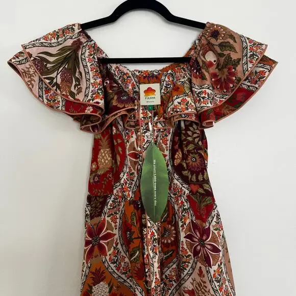 Farm Rio Romantic Nature Multicolor Off-The-Shoulder Ruffle Midi Dress - Picture 3 of 9